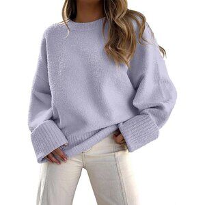 Women's  Bright Purple Oversized Long Sleeve Casual Fuzzy Knit Sweater